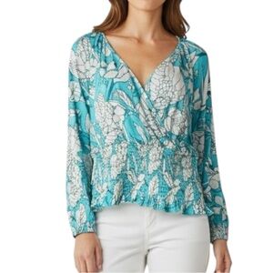 LANE BRYANT Vibrant Soft Stretch Floral Smocked Top in Teal/White  Size 18/20